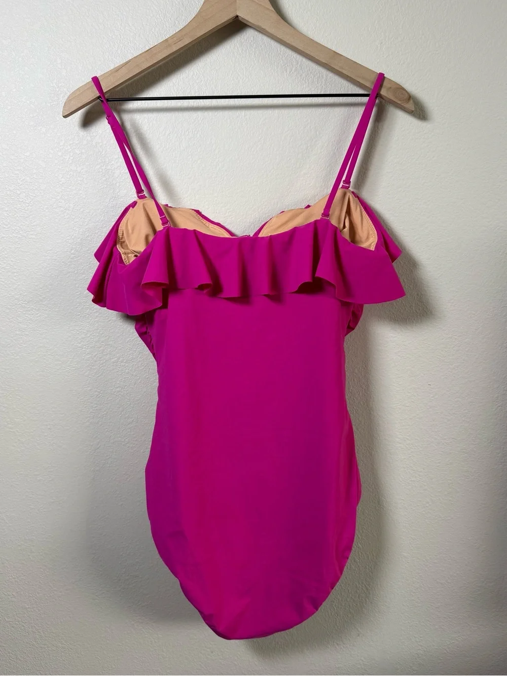 J Crew Matte Ruched Pink Ruffle One Piece Swimsuit Bathing Suit BX214 Size 12